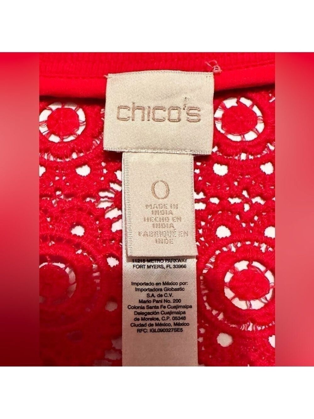 Chico’s Red Sheer Fancy Crochet Lace Blazer, Womens 4 - Chicos Size 0 BEAUTIFUL! - Picture 8 of 16